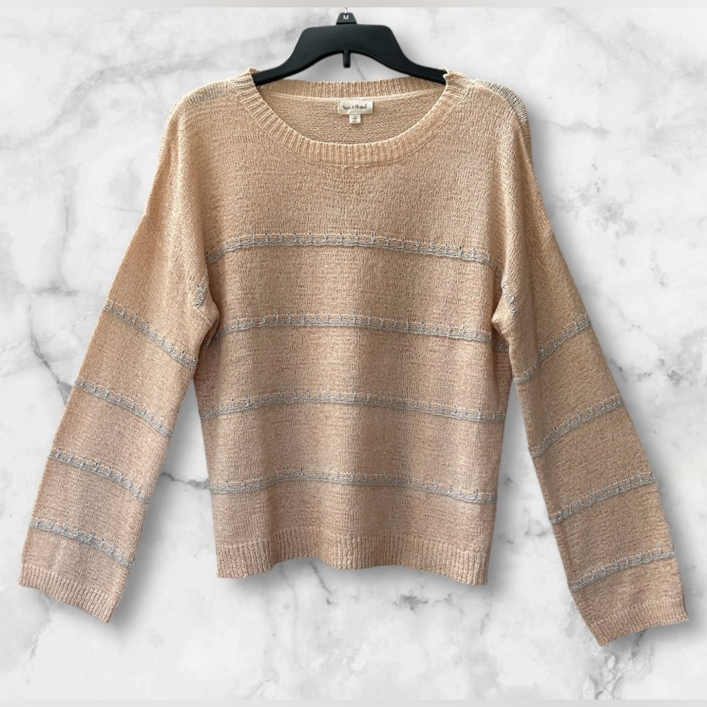 Hem & Thread Pale Peach Silver Accent Knit Long Sleeve Crewneck Sweater Size S